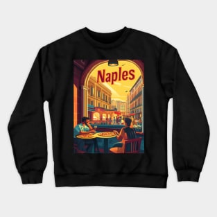 Two people savor delicious pizza at an outdoor cafe in Naples, surrounded by lively streets and beautiful buildings as the sun sets, Crewneck Sweatshirt